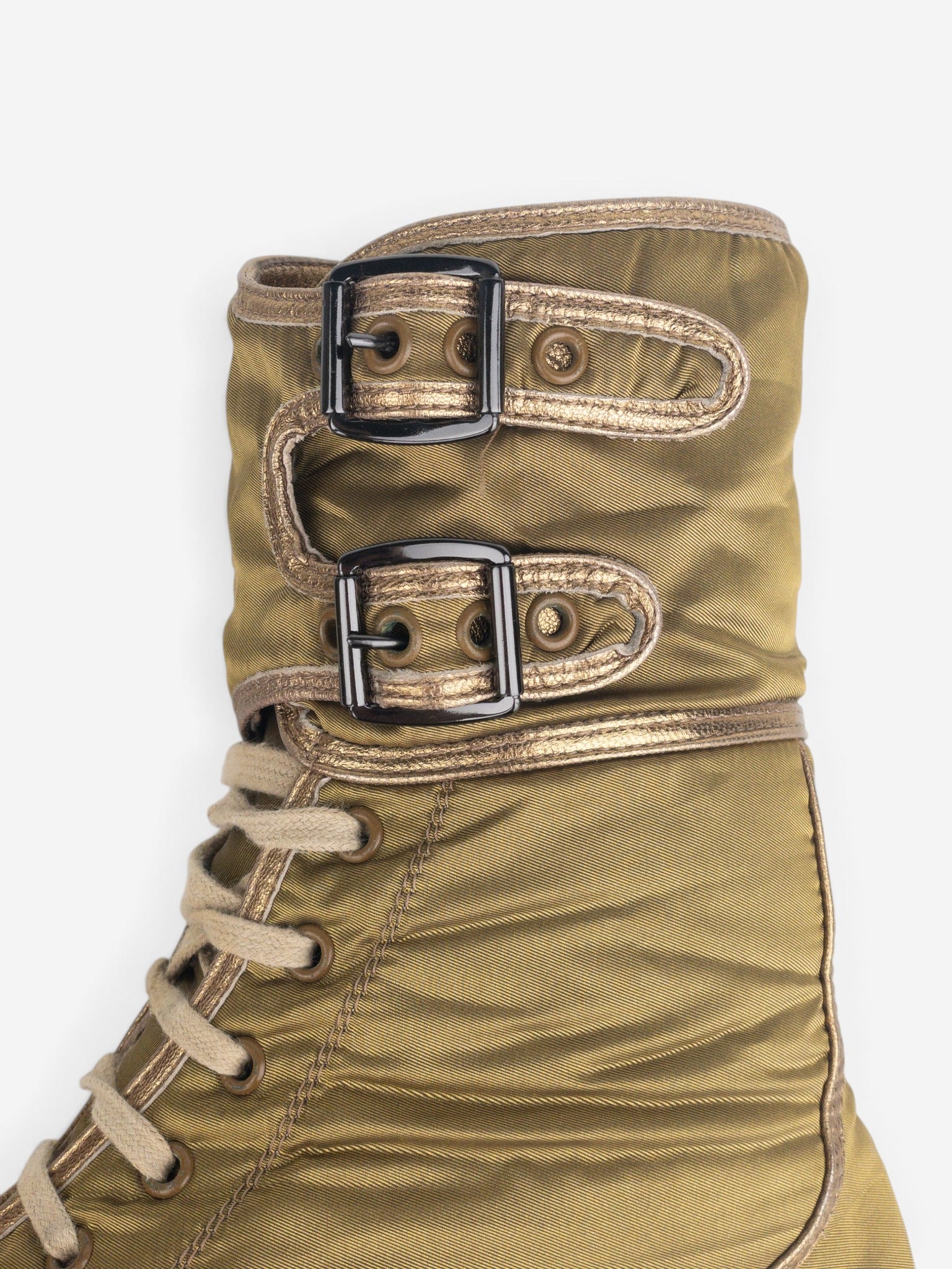 Helmut Lang AW03 Metallic Gold-Colored Bondage Combat Boots – detail view