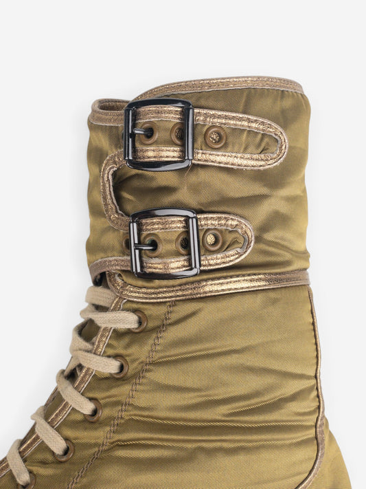 Helmut Lang AW03 Metallic Gold-Colored Bondage Combat Boots – detail view