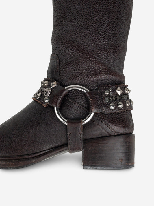 Miu Miu 2000s Knee-High Studded Harness Biker Riding Boots – detail view