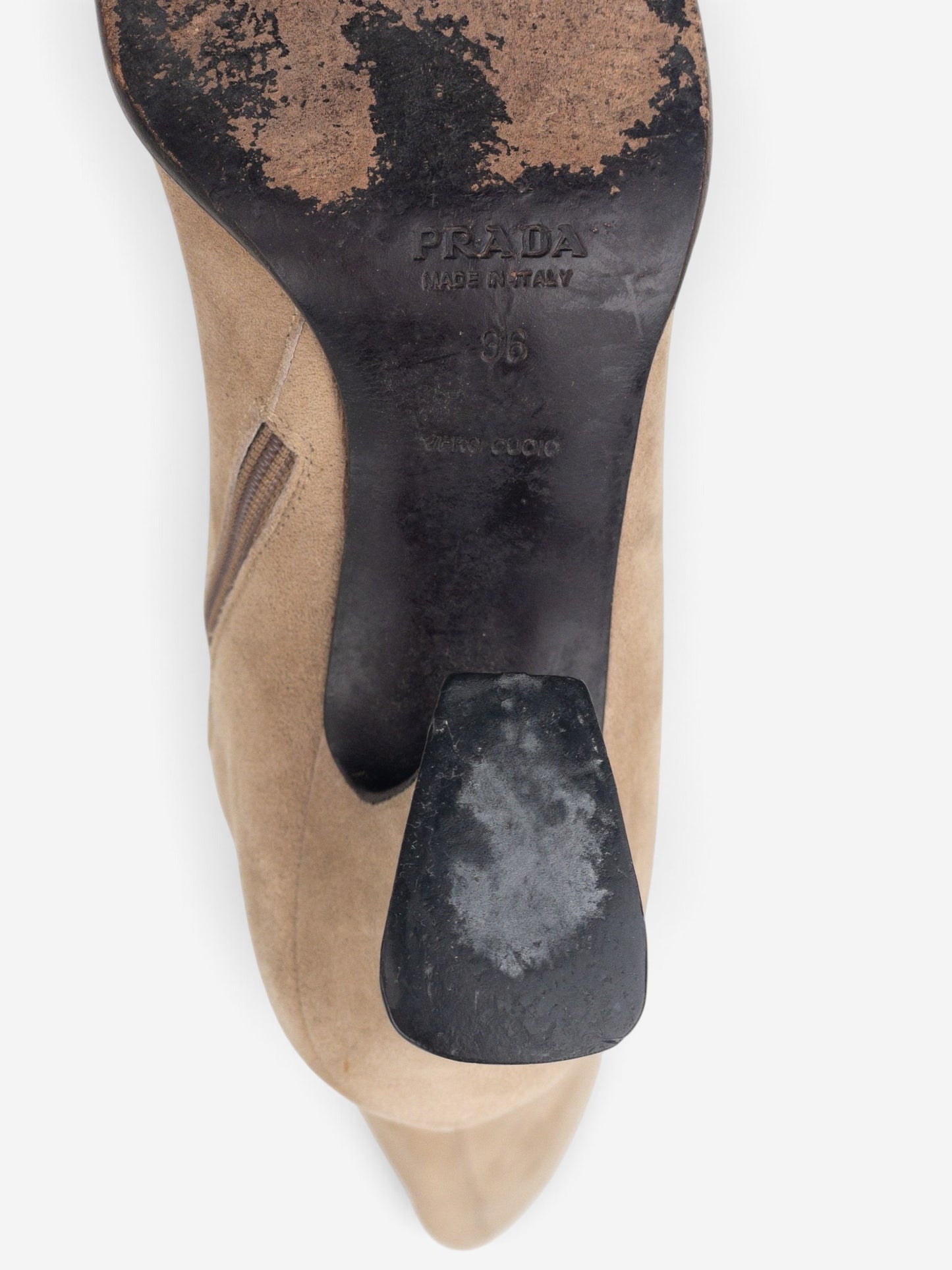 Prada 2000s Knee High Suede Sculptural Heel Boots – detail view