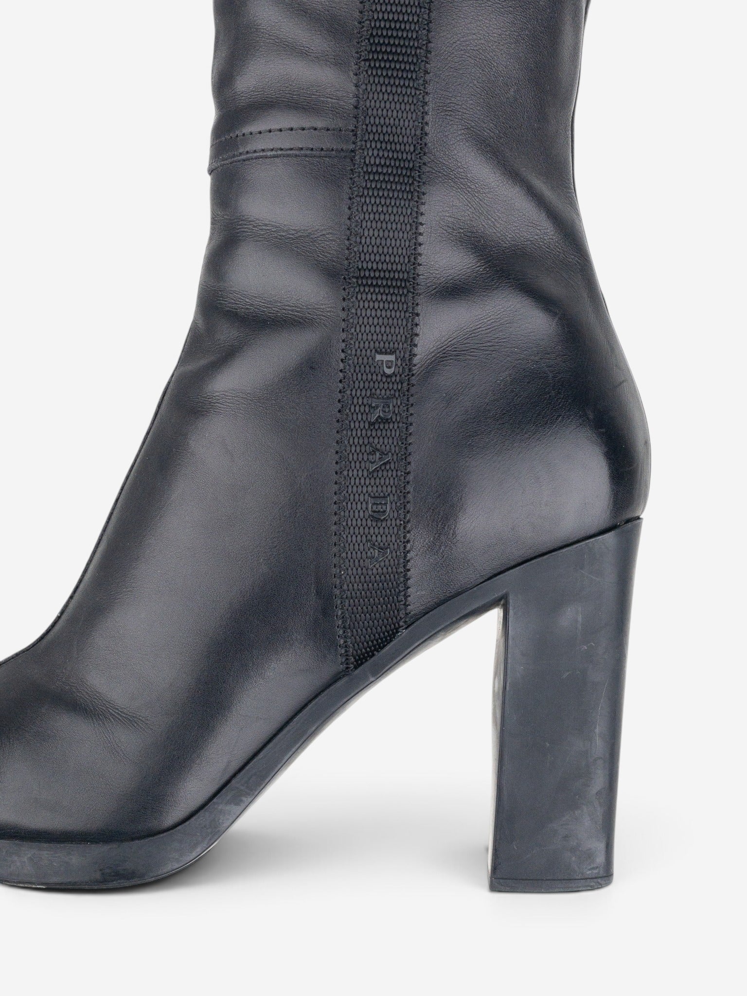 Prada 2000s Knee High Nylon Sidestripe Heel Boots – detail view