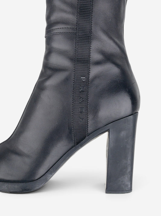 Prada 2000s Knee High Nylon Sidestripe Heel Boots – detail view