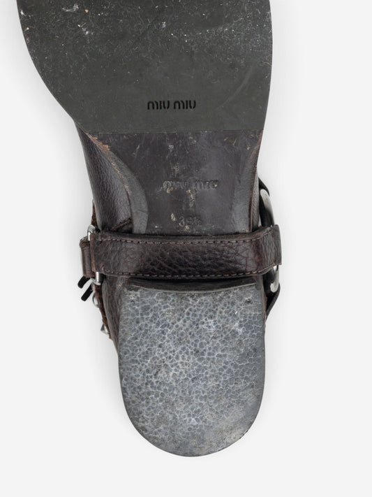 Miu Miu 2000s Knee-High Studded Harness Biker Riding Boots – detail view