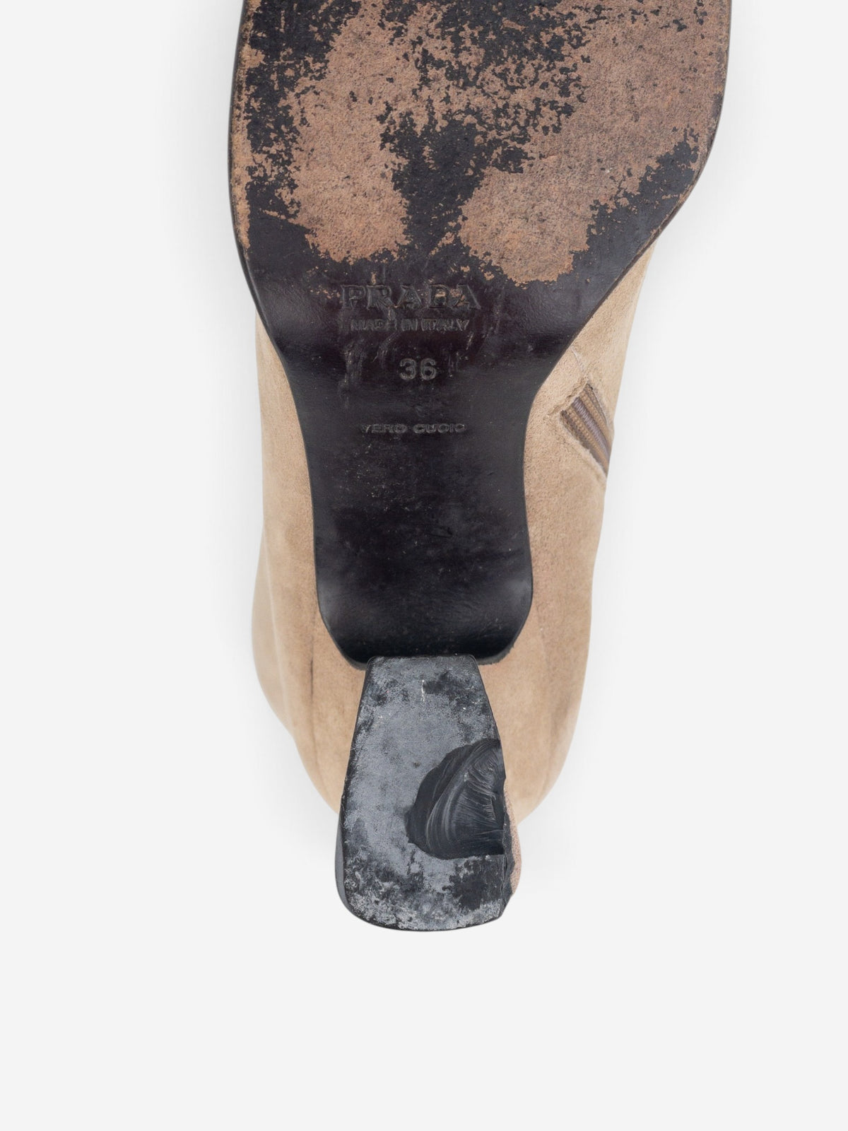 Prada 2000s Knee High Suede Sculptural Heel Boots – detail view
