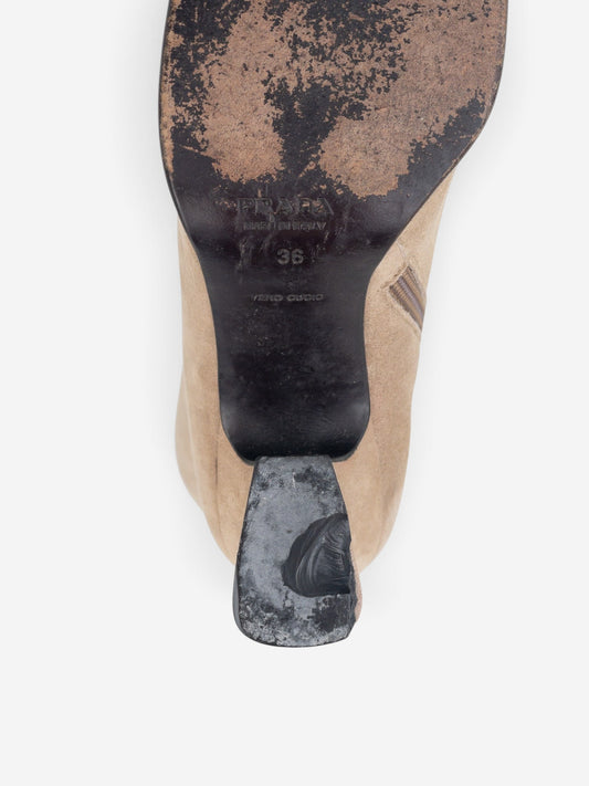 Prada 2000s Knee High Suede Sculptural Heel Boots – detail view