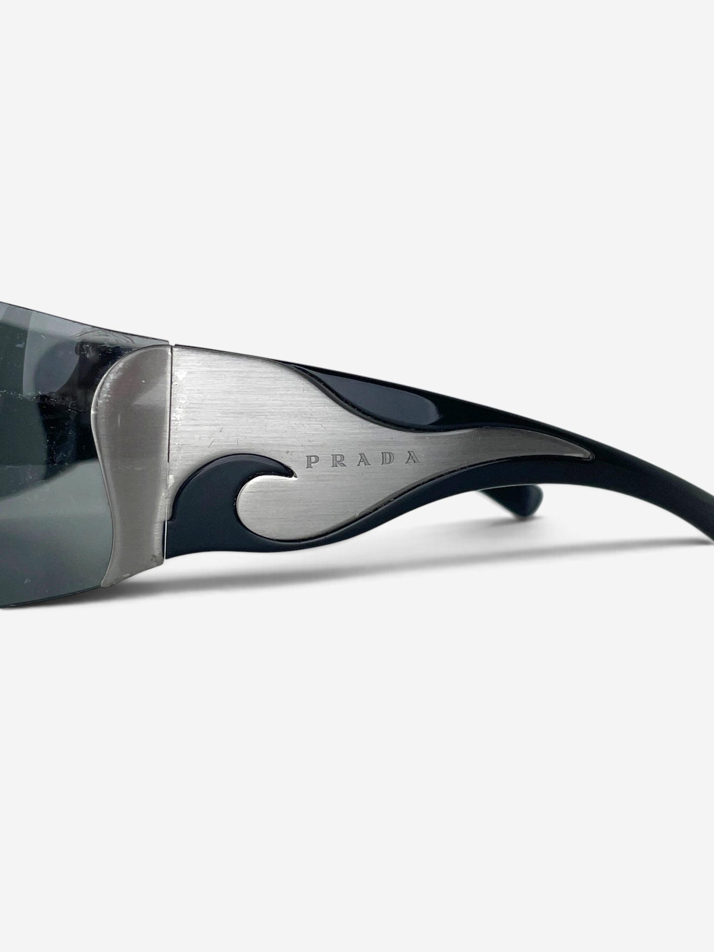 Prada SS04 'SRP58F' Flame Wrap Mask Shield Sunglasses – flame temple detail