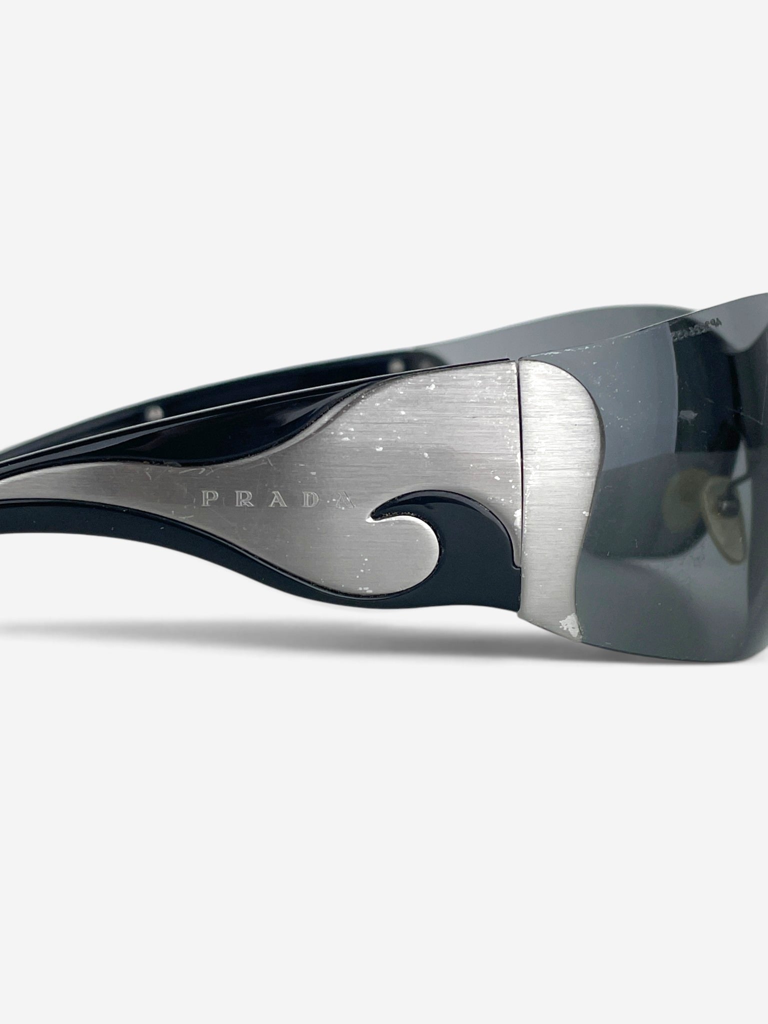 Prada SS04 'SRP58F' Flame Wrap Mask Shield Sunglasses – flame temple and logo detail