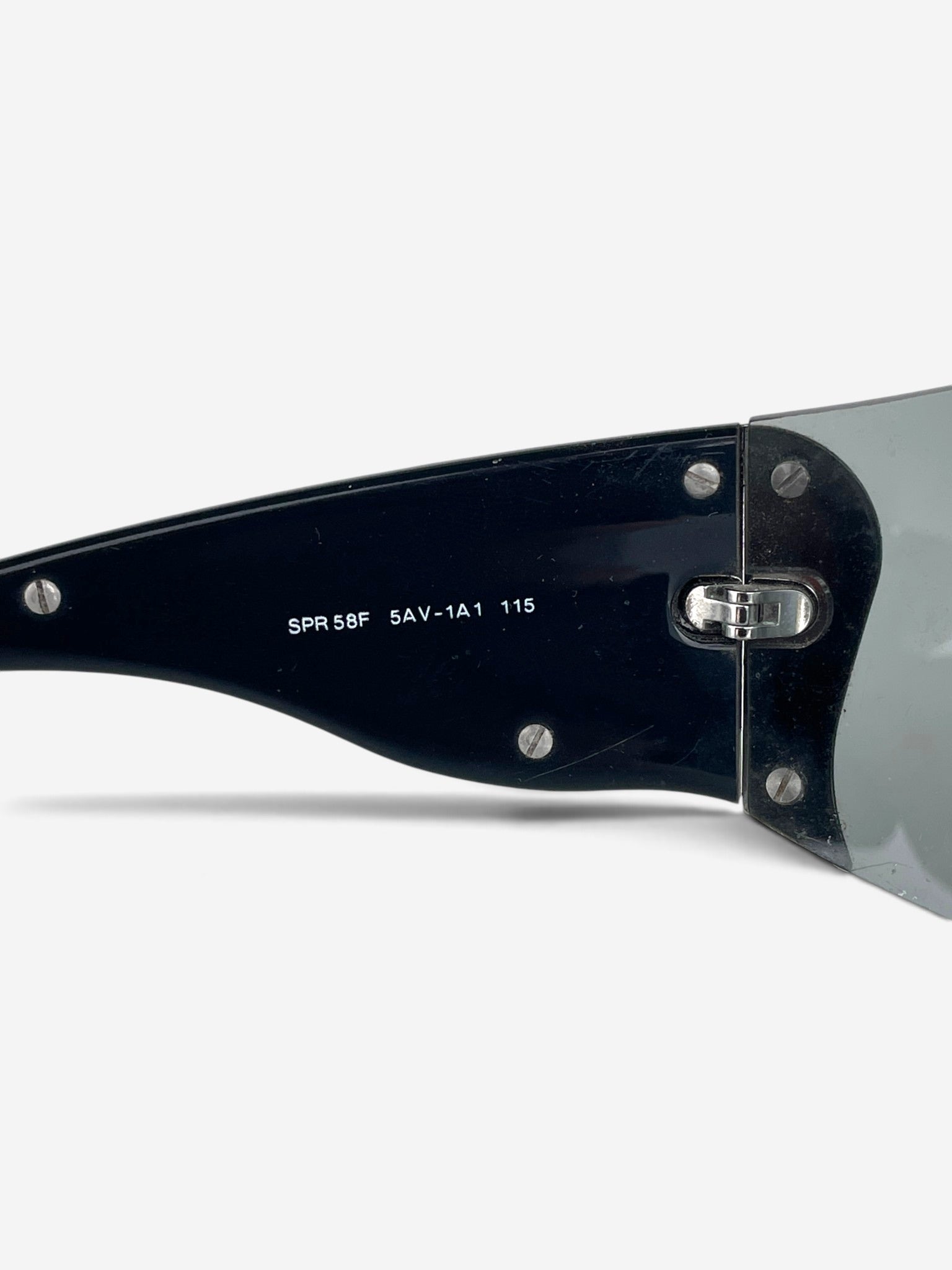 Prada SS04 'SRP58F' Flame Wrap Mask Shield Sunglasses – model number engraving detail
