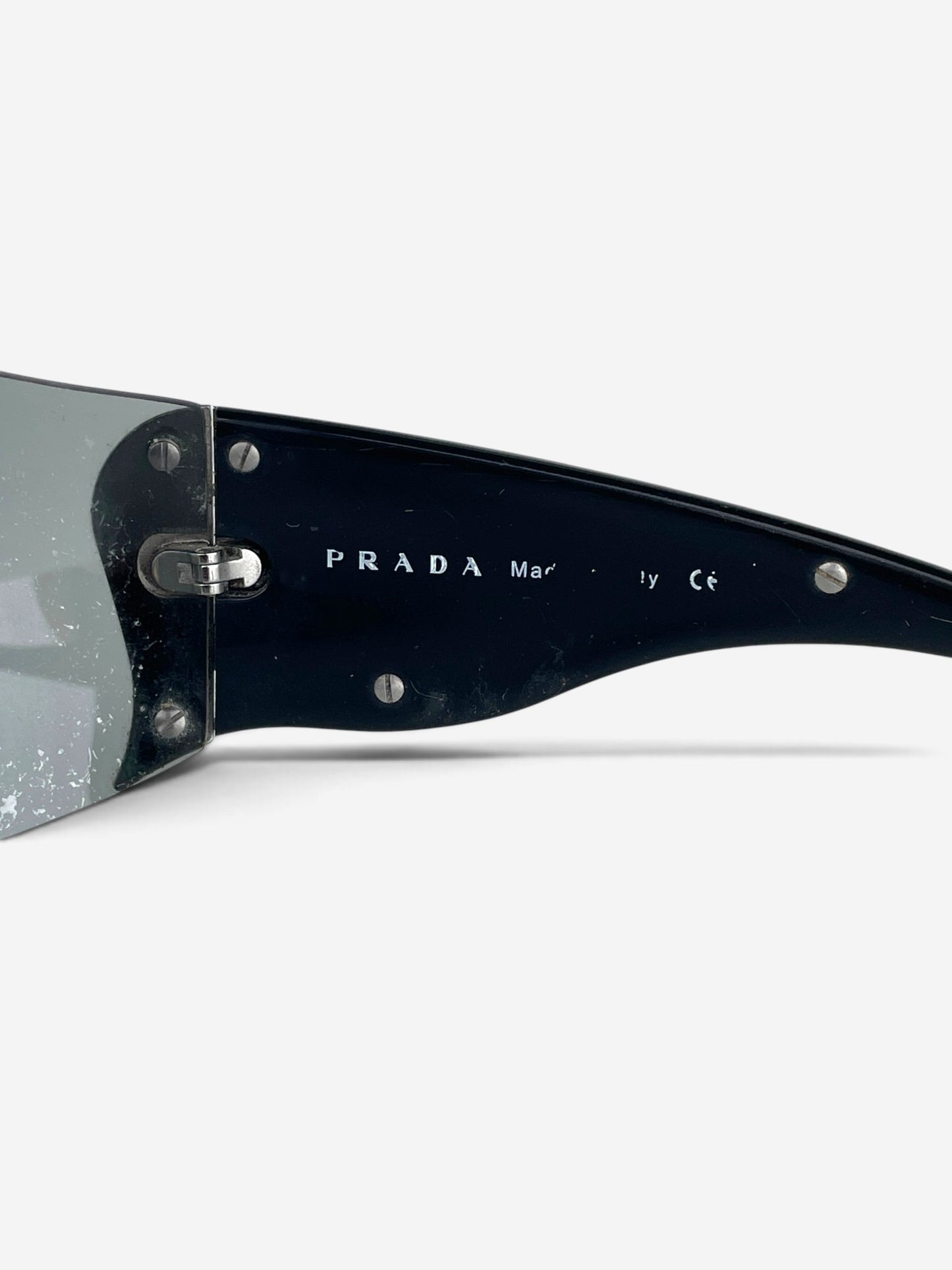Prada SS04 'SRP58F' Flame Wrap Mask Shield Sunglasses – brand marking detail