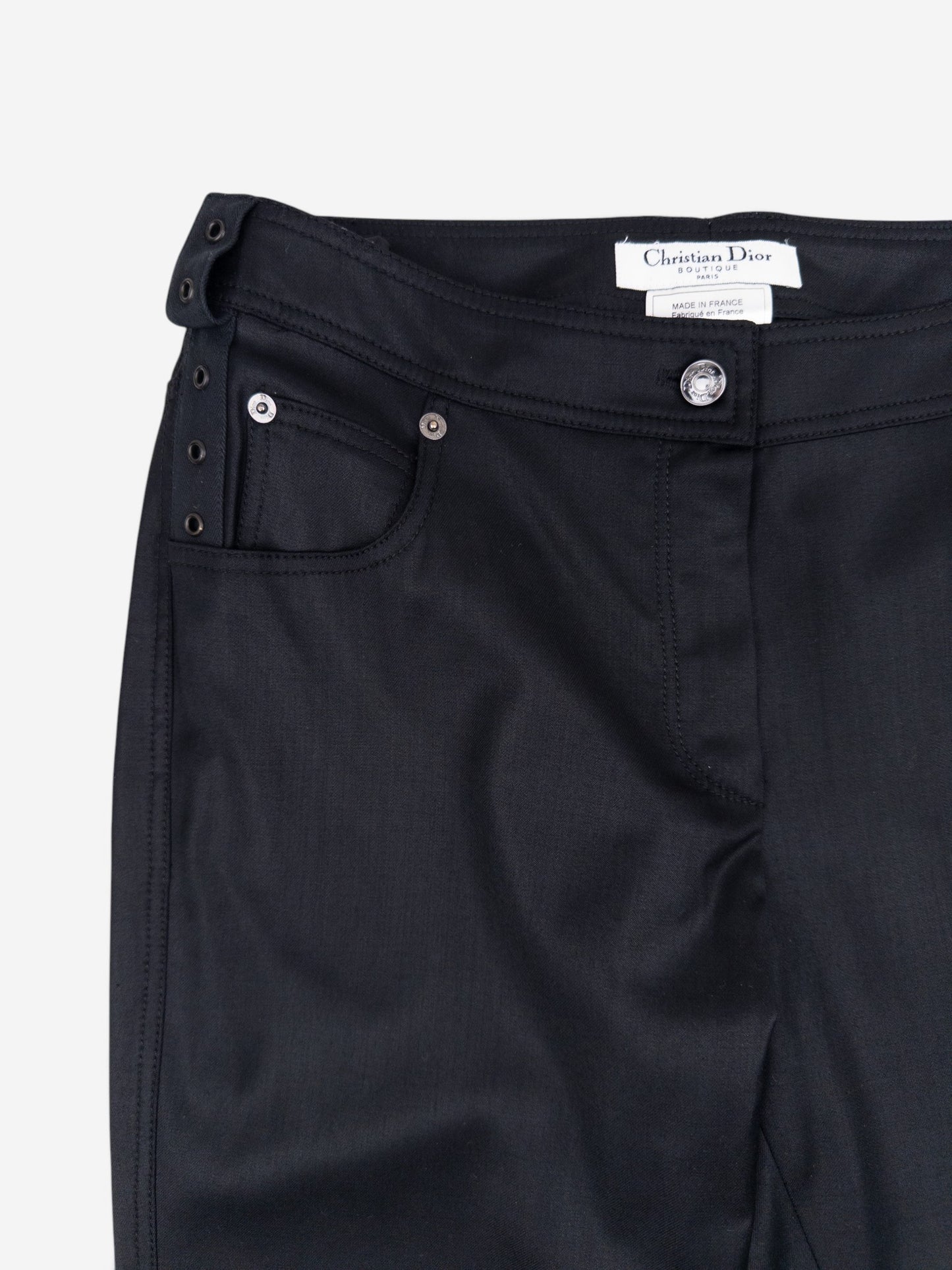 Dior by Galliano SS03 Coated Bootcut Bondage Biker Pants – waistband and brand label