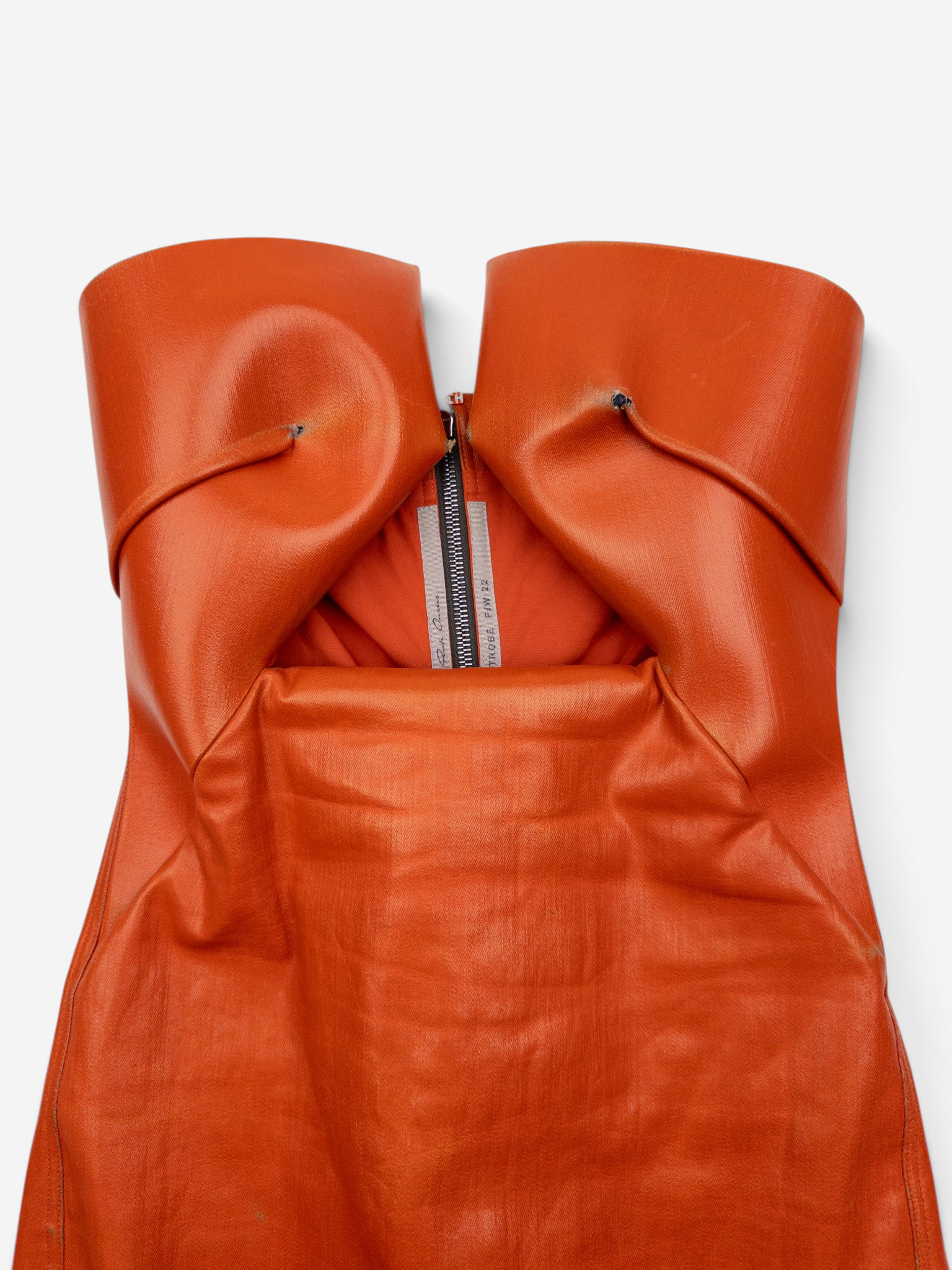 Rick Owens AW22 'Strobe' Coated Denim Prong Mini Dress – bust and zipper detail