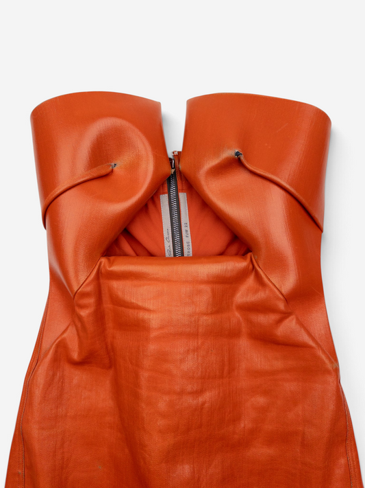 Rick Owens AW22 'Strobe' Coated Denim Prong Mini Dress – bust and zipper detail
