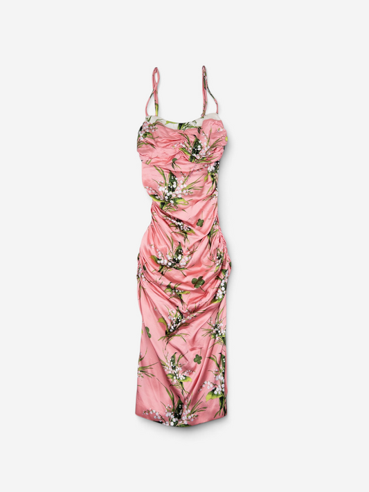 Roberto Cavalli 2010s Ruched Floral Print Midi Dress
