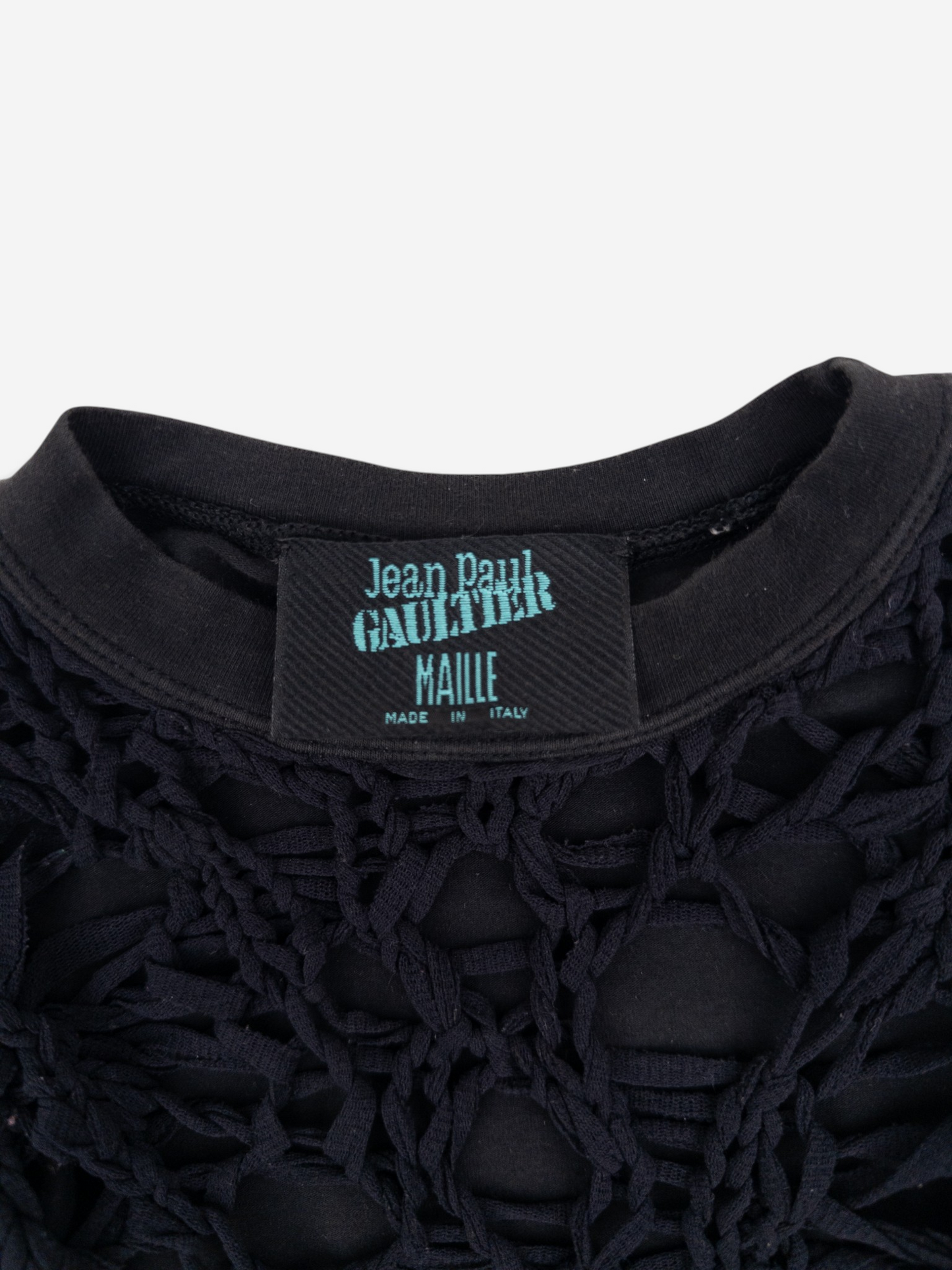 Jean Paul Gaultier 90s Spiderweb-Knit Mesh Longsleeve – neckline and brand label