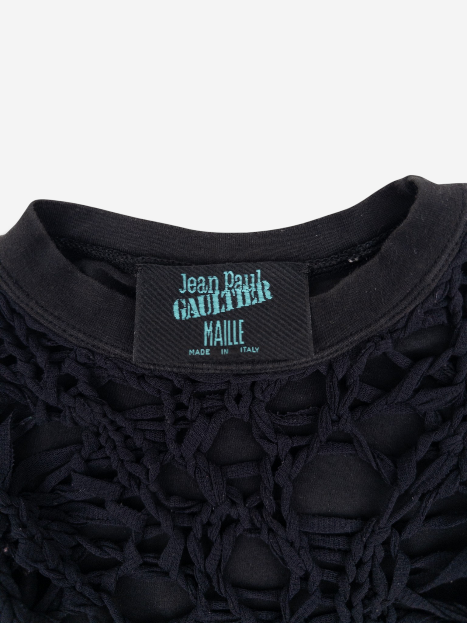 Jean Paul Gaultier 90s Spiderweb-Knit Mesh Longsleeve – neckline and brand label
