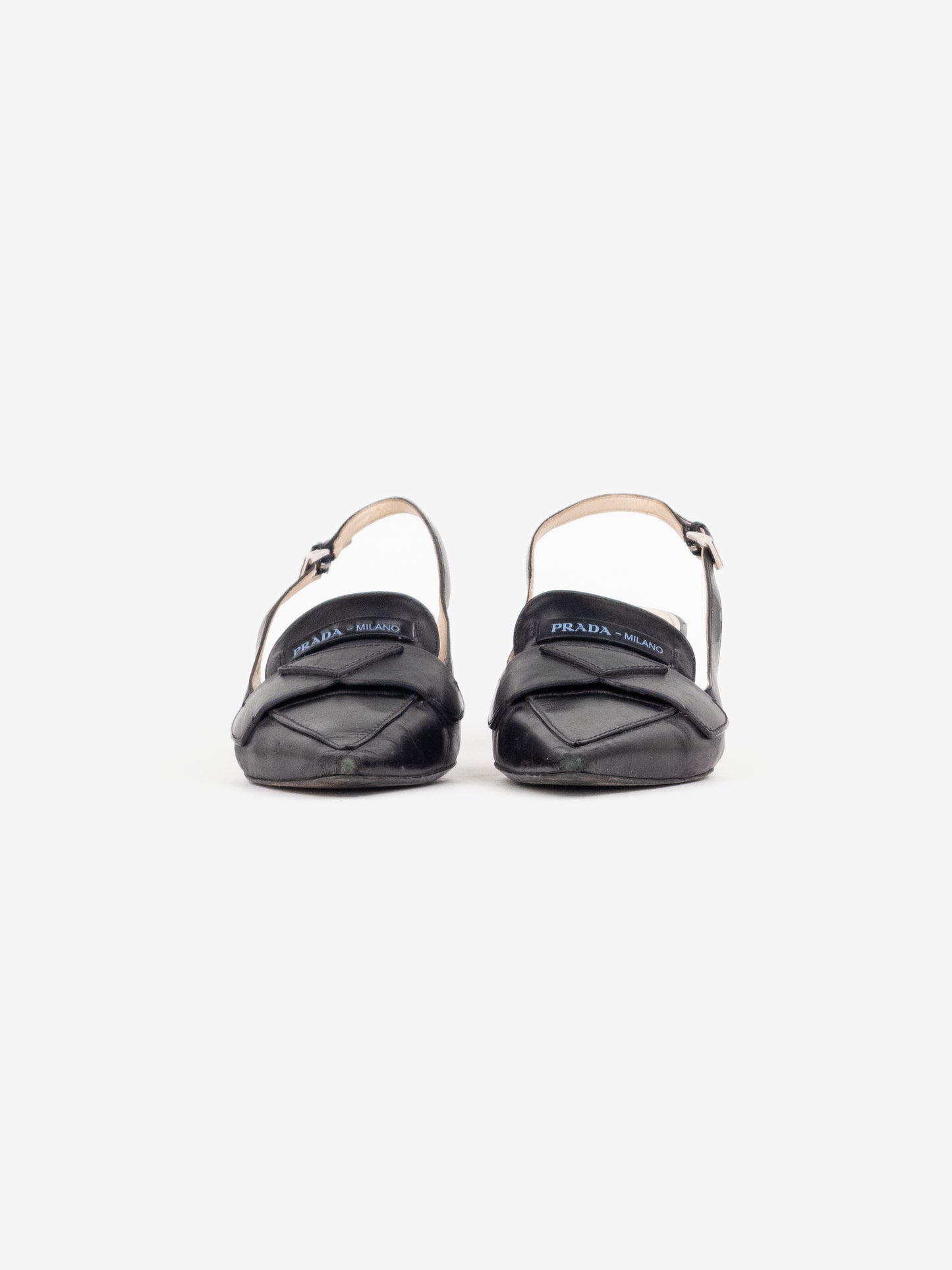 Prada 2000s Metal Heel Logo Loafer Slingback Kitten Heels