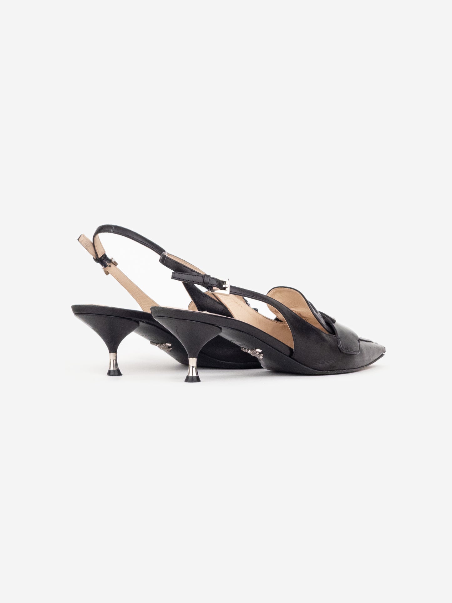 Prada 2000s Metal Heel Logo Loafer Slingback Kitten Heels