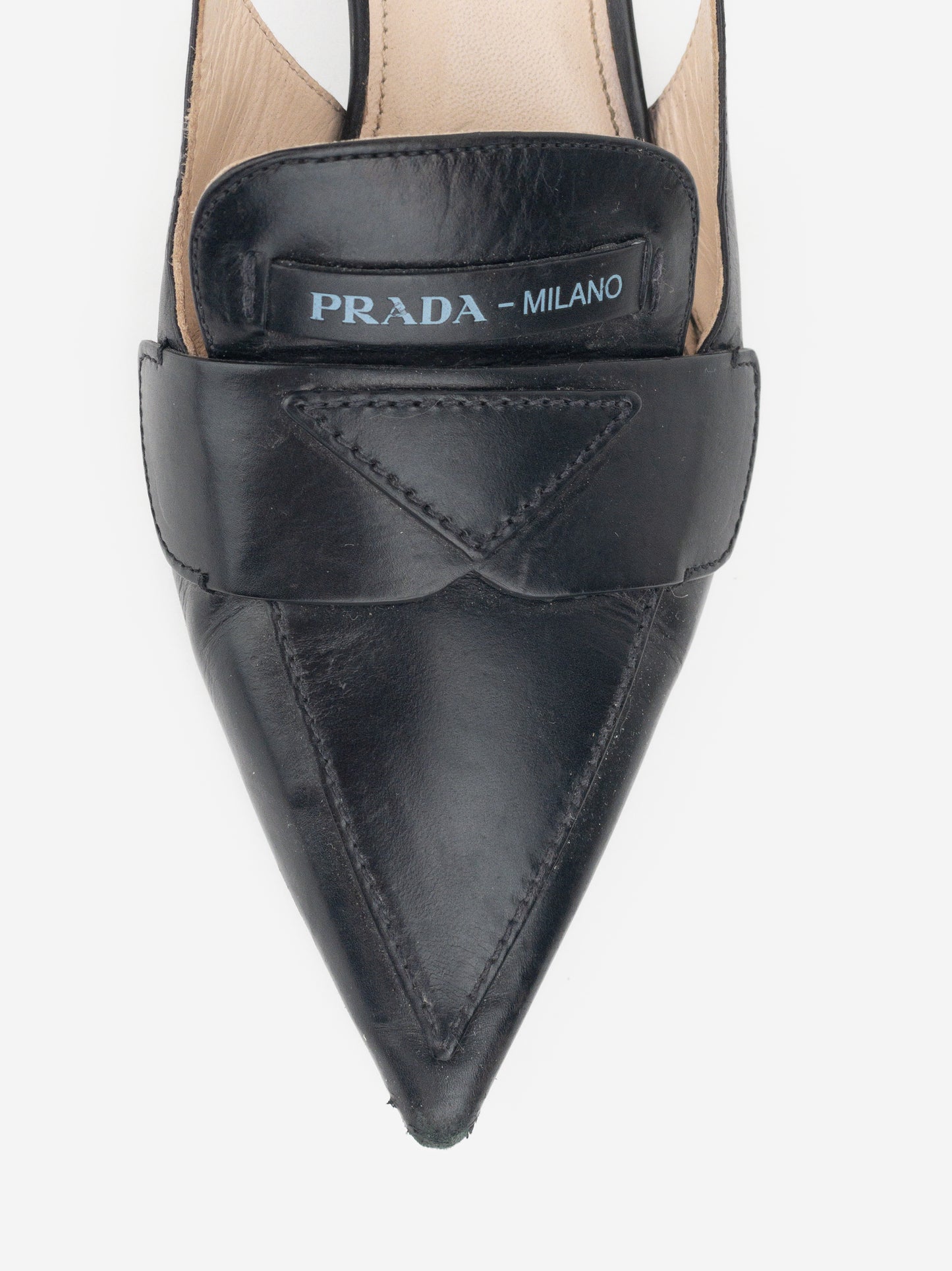 Prada 2000s Metal Heel Logo Loafer Slingback Kitten Heels