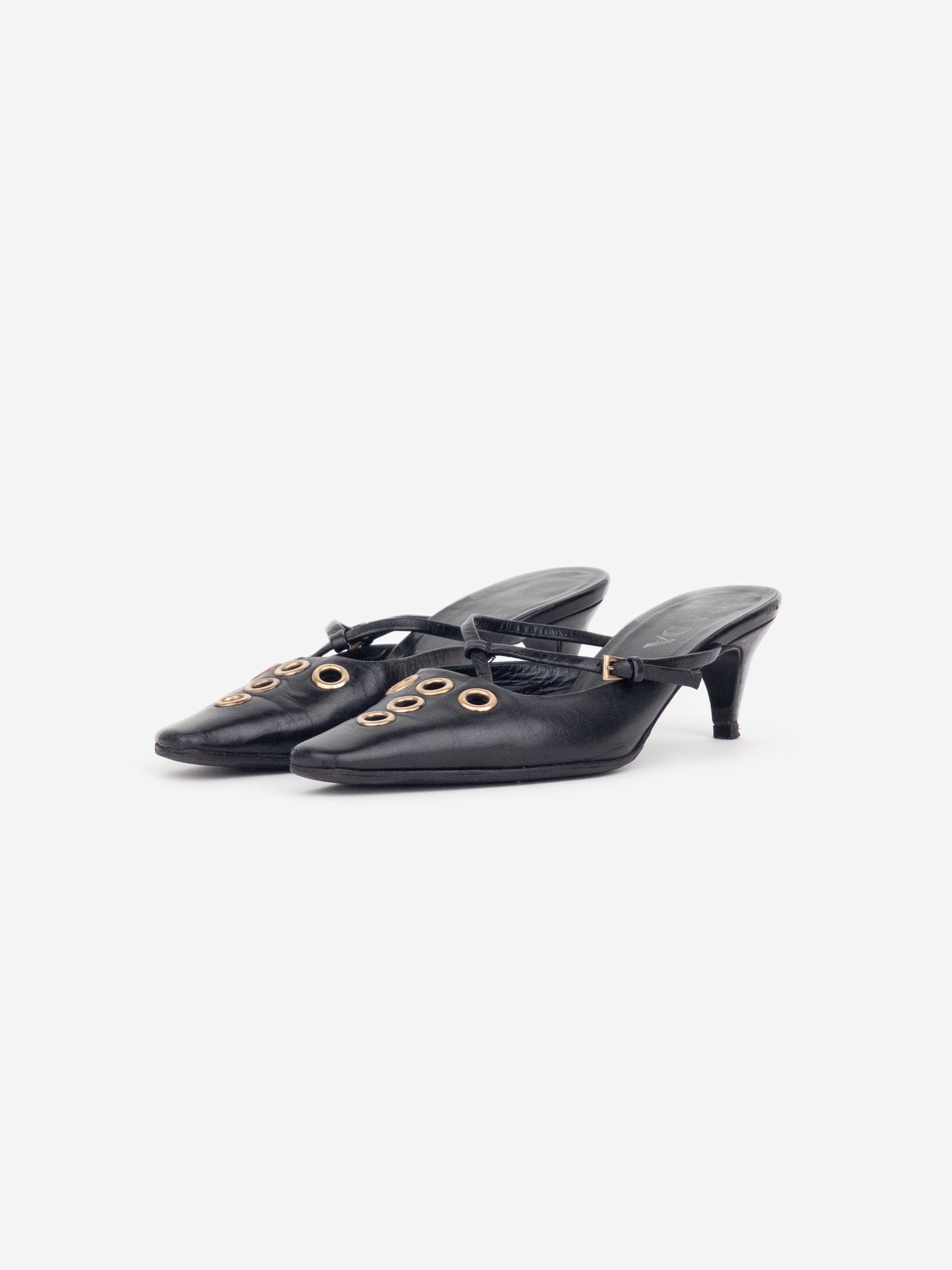 Prada 2000s Square Toe Grommet Kitten Heel Mules