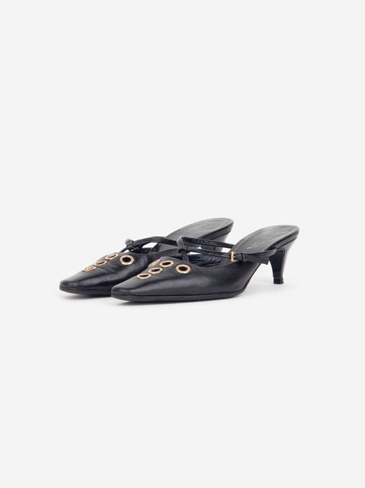 Prada 2000s Square Toe Grommet Kitten Heel Mules