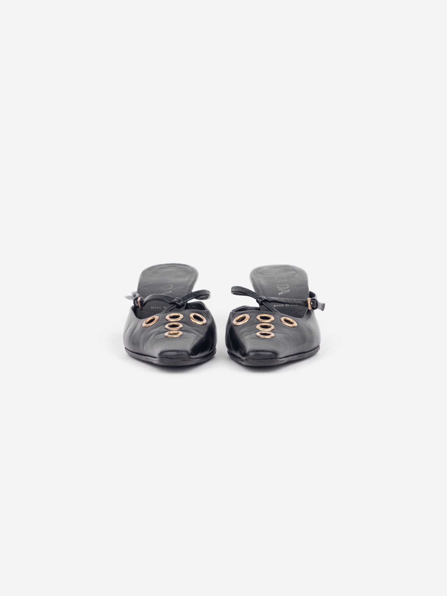 Prada 2000s Square Toe Grommet Kitten Heel Mules
