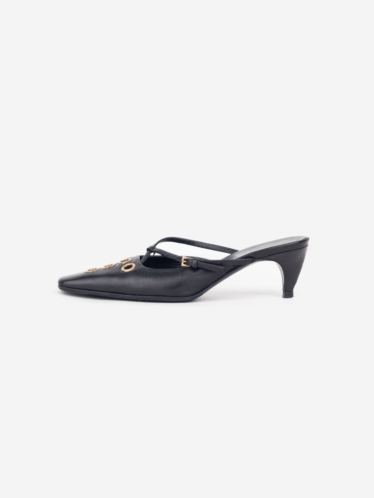 Prada 2000s Square Toe Grommet Kitten Heel Mules