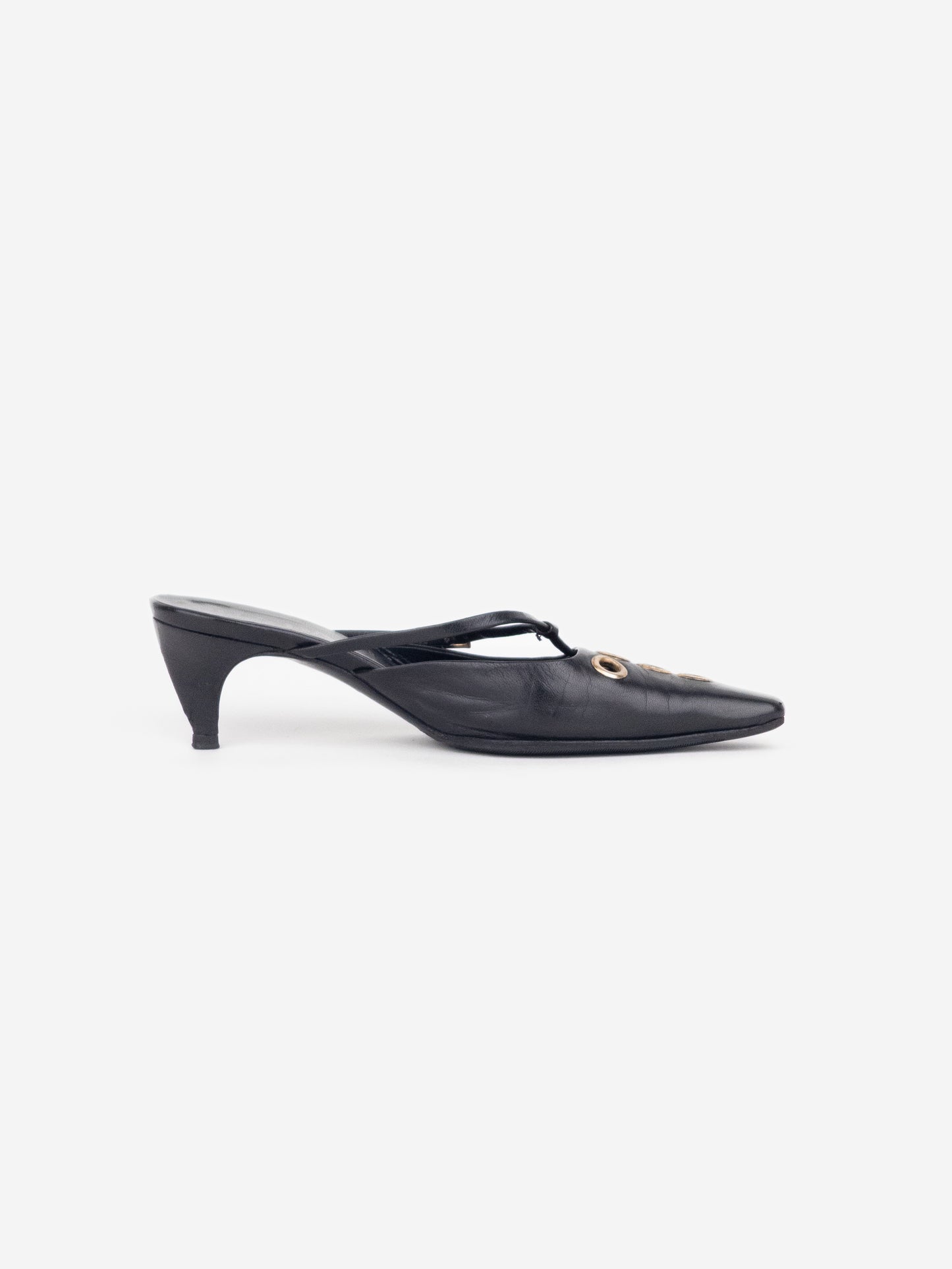 Prada 2000s Square Toe Grommet Kitten Heel Mules