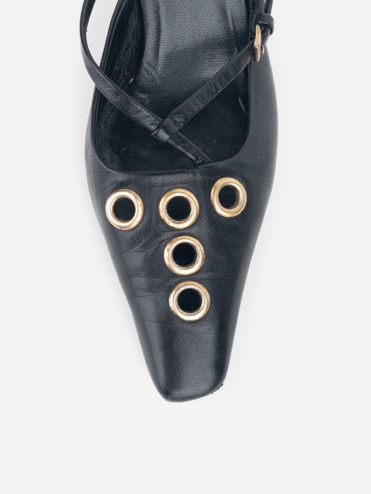 Prada 2000s Square Toe Grommet Kitten Heel Mules