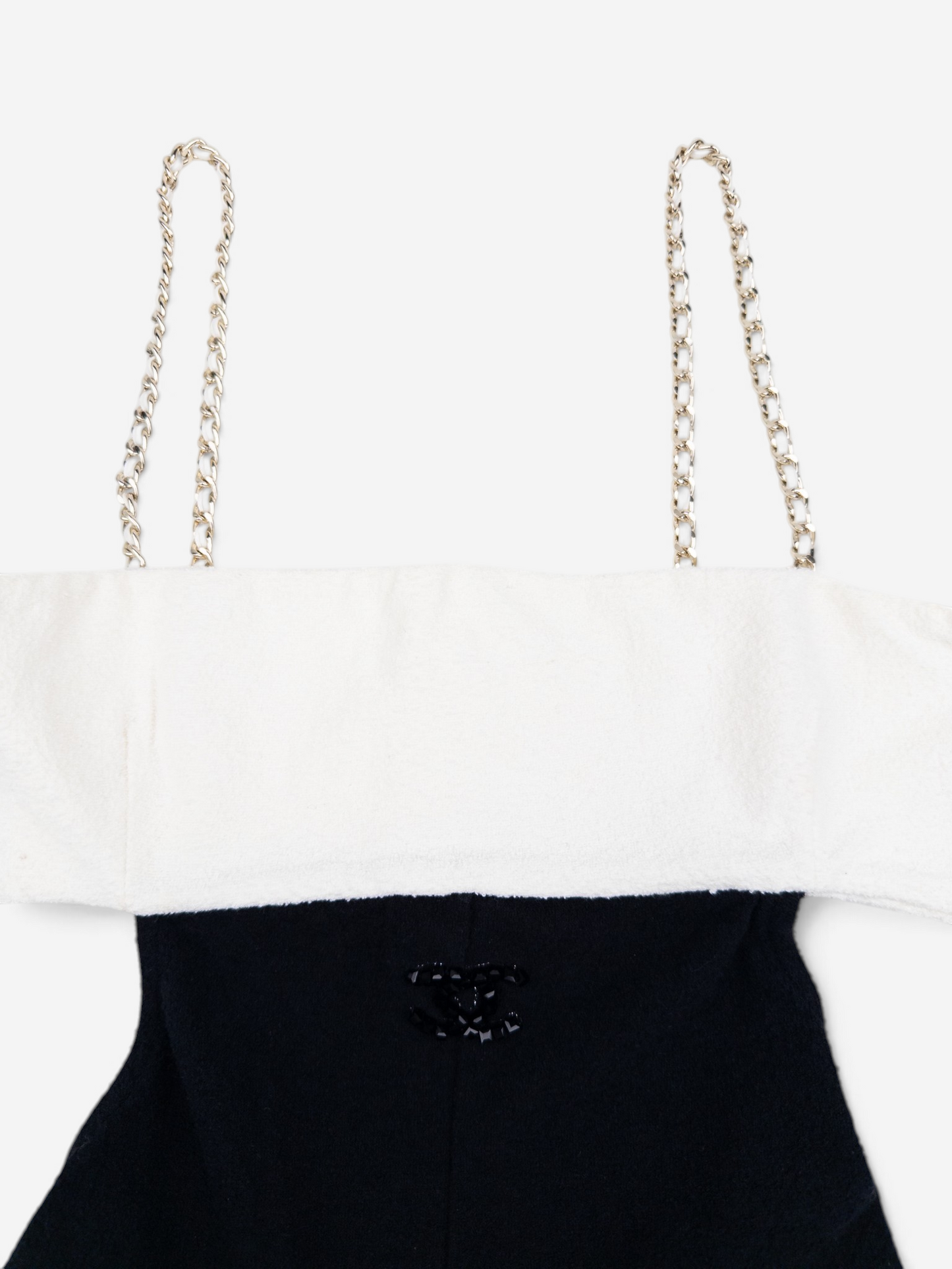 Chanel SS22 Backless CC Logo Two-Tone Jumpsuit Overall – chain strap and bodice detail