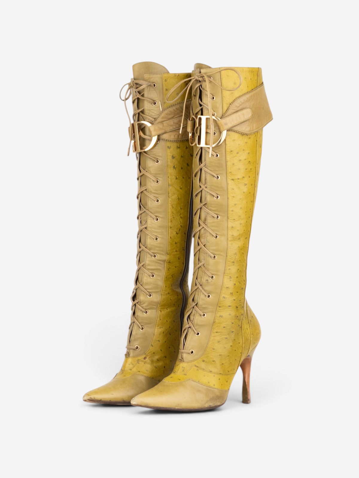Dior by Galliano AW00 Knee High Ostrich Lace-Up Riding Heel Boots – front view