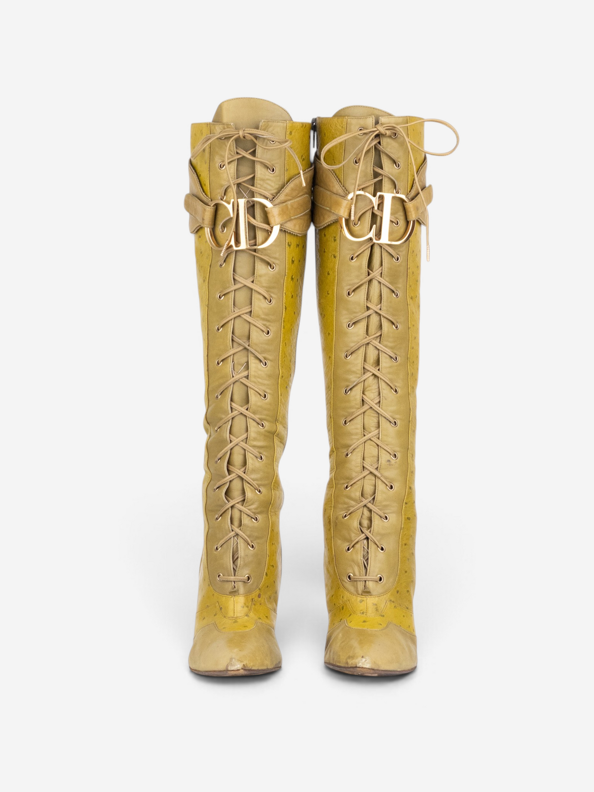 Dior by Galliano AW00 Knee High Ostrich Lace-Up Riding Heel Boots