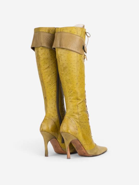 Dior by Galliano AW00 Knee High Ostrich Lace-Up Riding Heel Boots