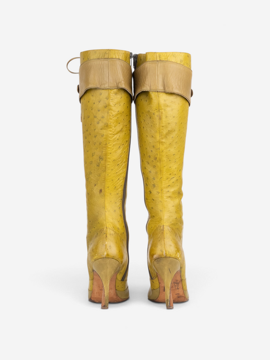 Dior by Galliano AW00 Knee High Ostrich Lace-Up Riding Heel Boots