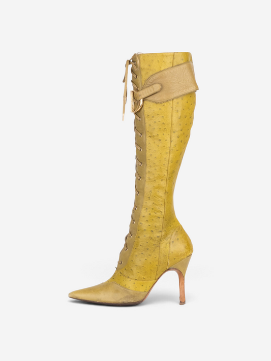 Dior by Galliano AW00 Knee High Ostrich Lace-Up Riding Heel Boots