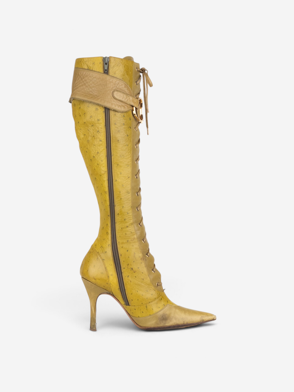 Dior by Galliano AW00 Knee High Ostrich Lace-Up Riding Heel Boots