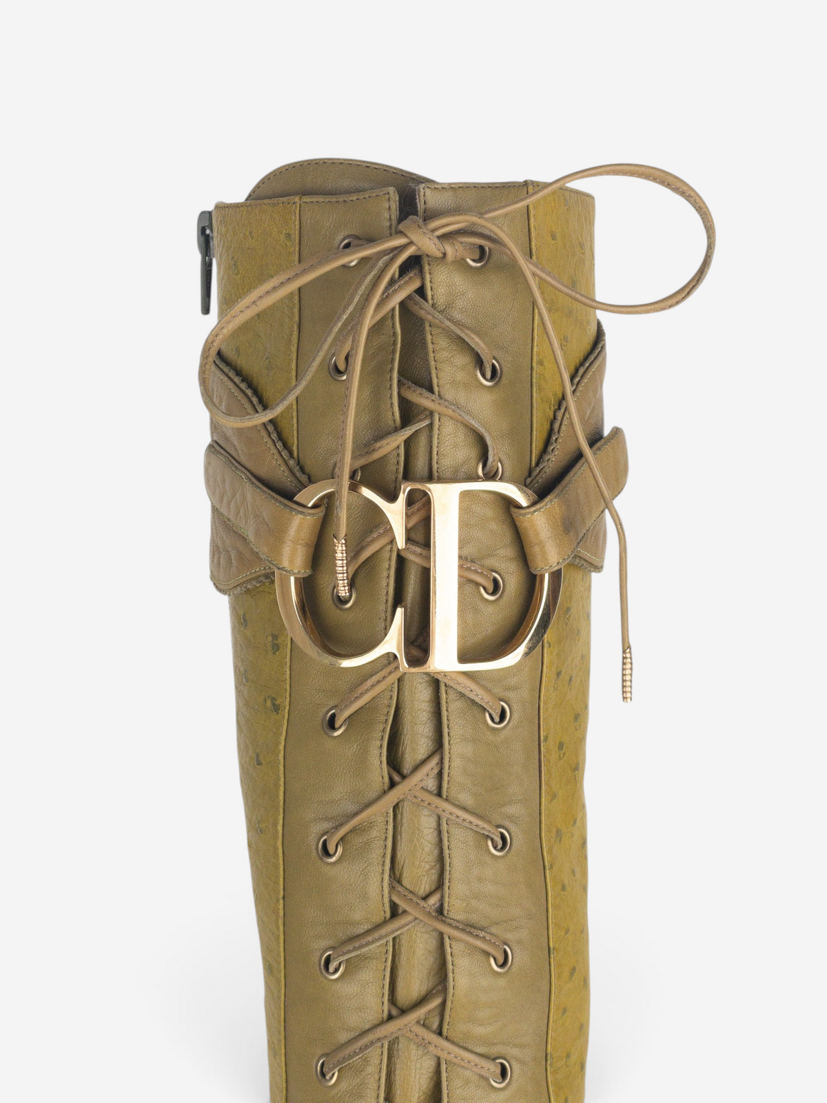 Dior by Galliano AW00 Knee High Ostrich Lace-Up Riding Heel Boots – CD buckle detail