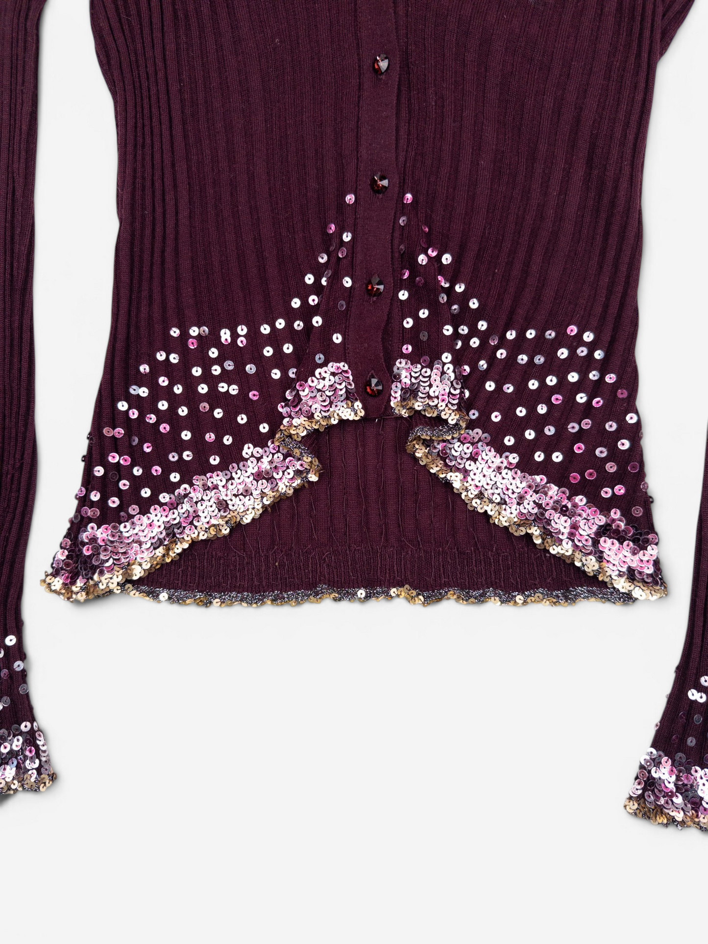 Roberto Cavalli 2000s Rhinestone Button Sequin Knit Cardigan – sequin hem detail