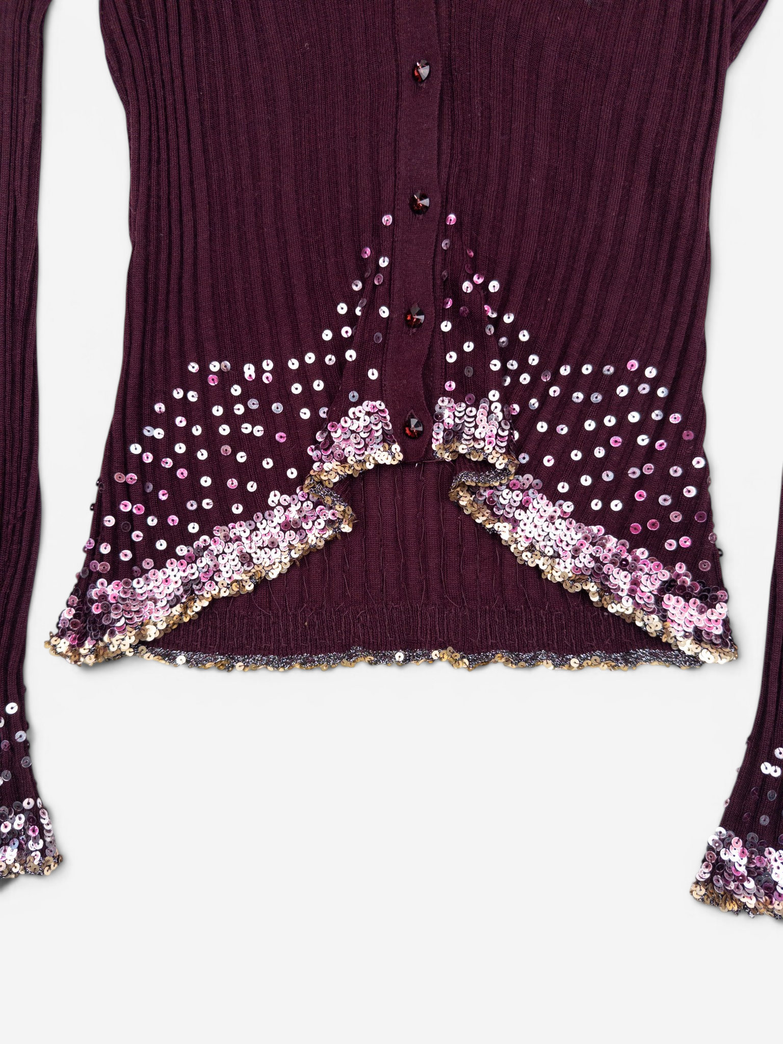 Roberto Cavalli 2000s Rhinestone Button Sequin Knit Cardigan – sequin hem detail