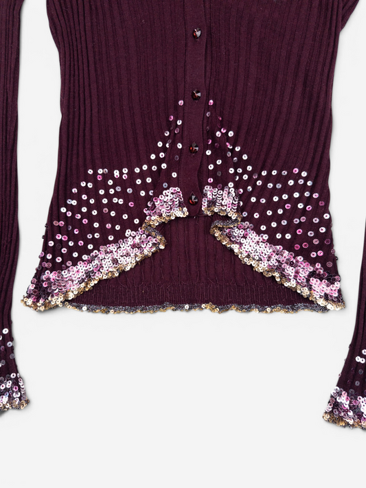 Roberto Cavalli 2000s Rhinestone Button Sequin Knit Cardigan – sequin hem detail