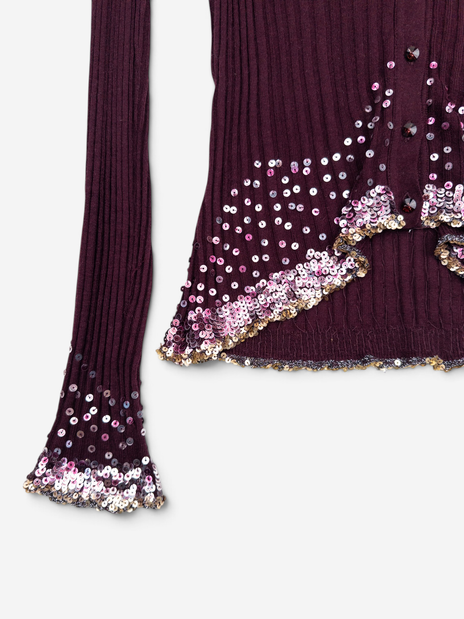 Roberto Cavalli 2000s Rhinestone Button Sequin Knit Cardigan – sleeve cuff detail