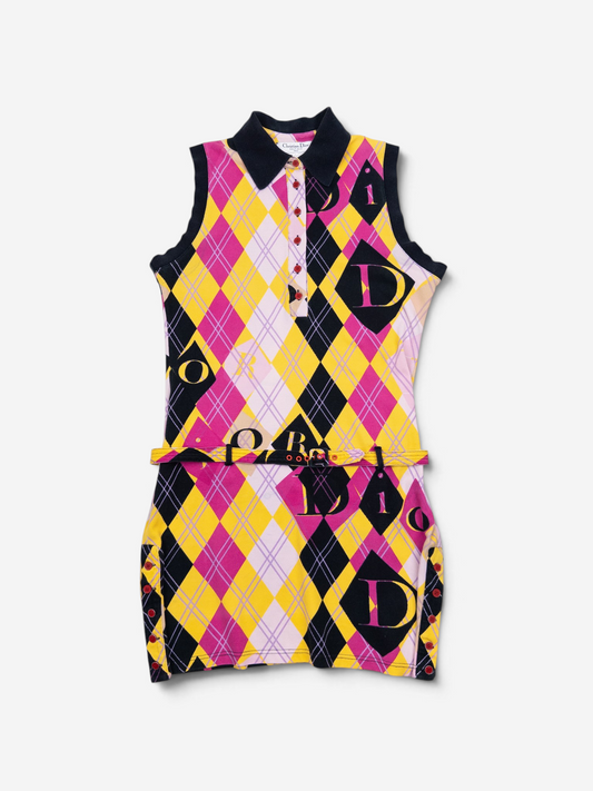 Dior by Galliano AW04 Belted Sleeveless Argyle Logo Golf Polo Mini Dress