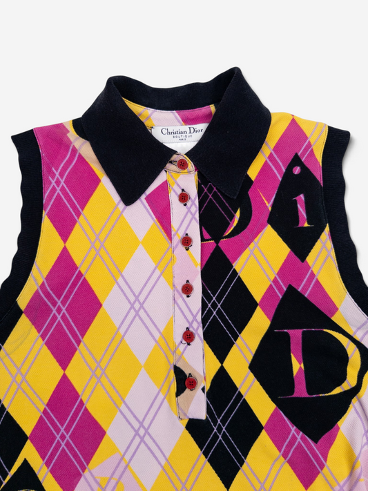 Dior by Galliano AW04 Belted Sleeveless Argyle Logo Golf Polo Mini Dress