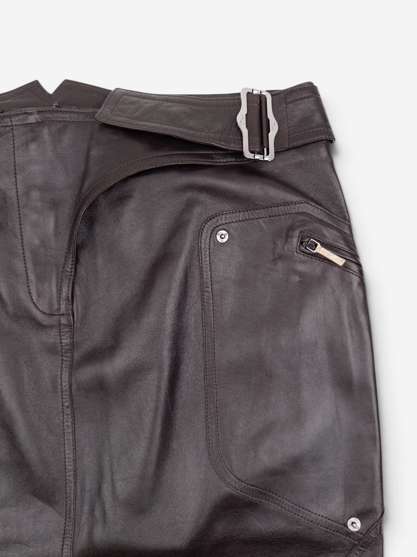 Dior by Galliano AW03 Bondage Biker Leather Midi Skirt – pocket and zipper detail