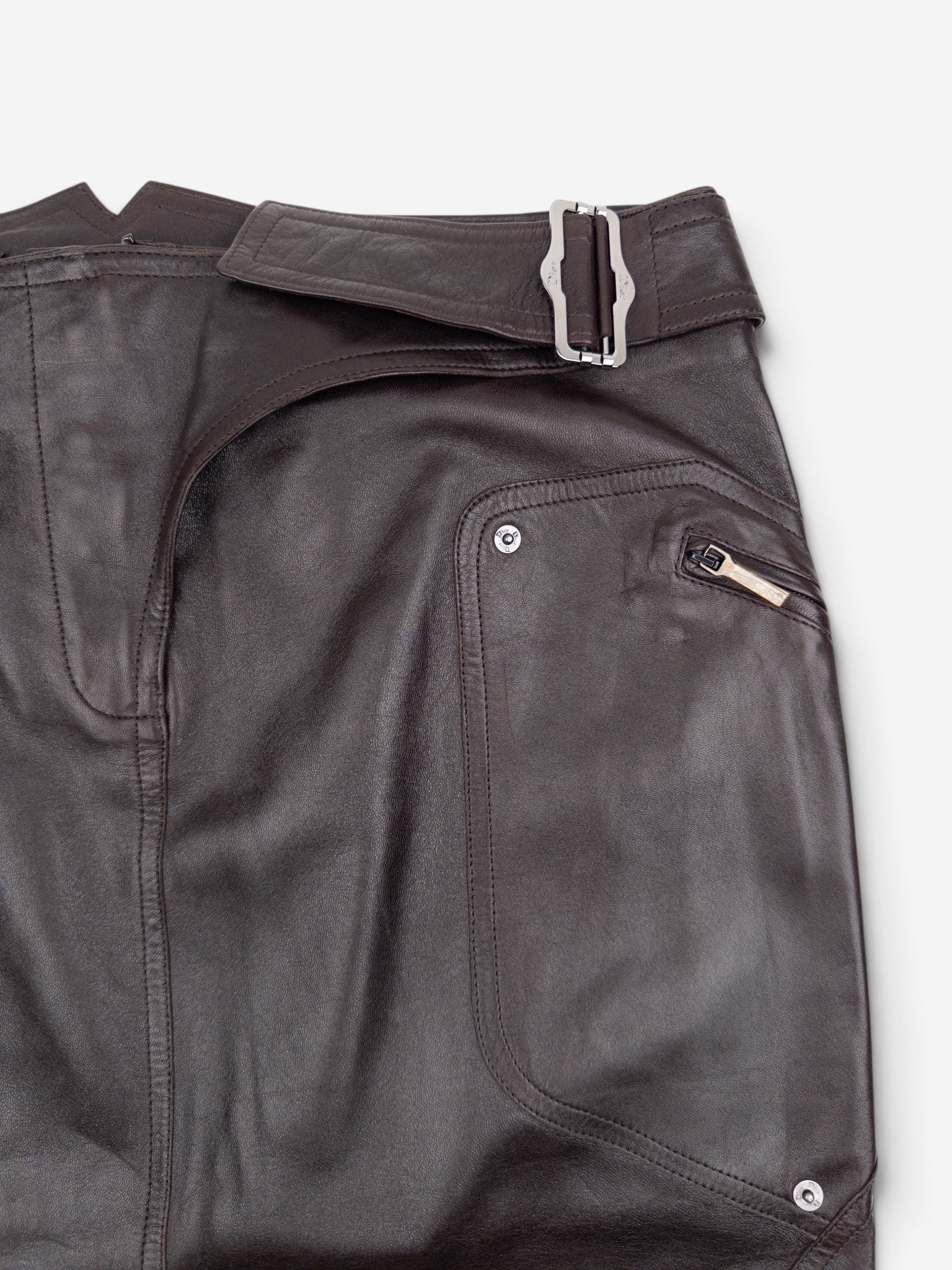 Dior by Galliano AW03 Bondage Biker Leather Midi Skirt – pocket and zipper detail