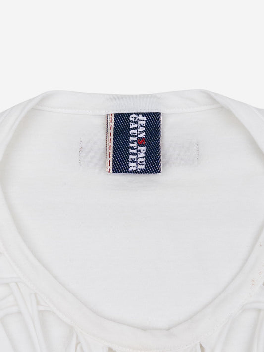 Jean Paul Gaultier 1990s Spiderweb Bondage Macramé T-Shirt – neckline and brand label