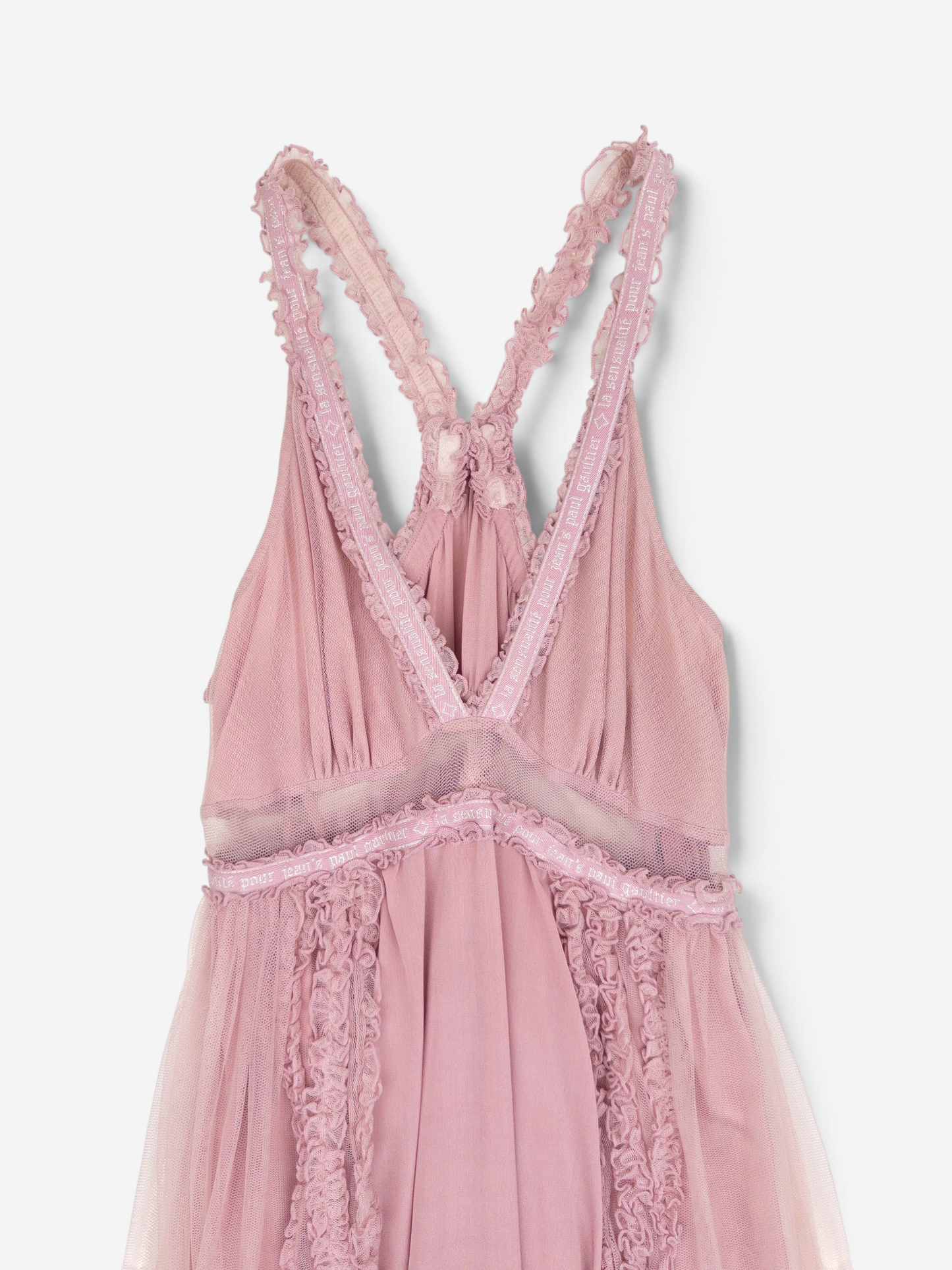 Jean Paul Gaultier 2000s Summer Chiffon Tulle Lace Ruffle Doll Midi Dress – back strap detail
