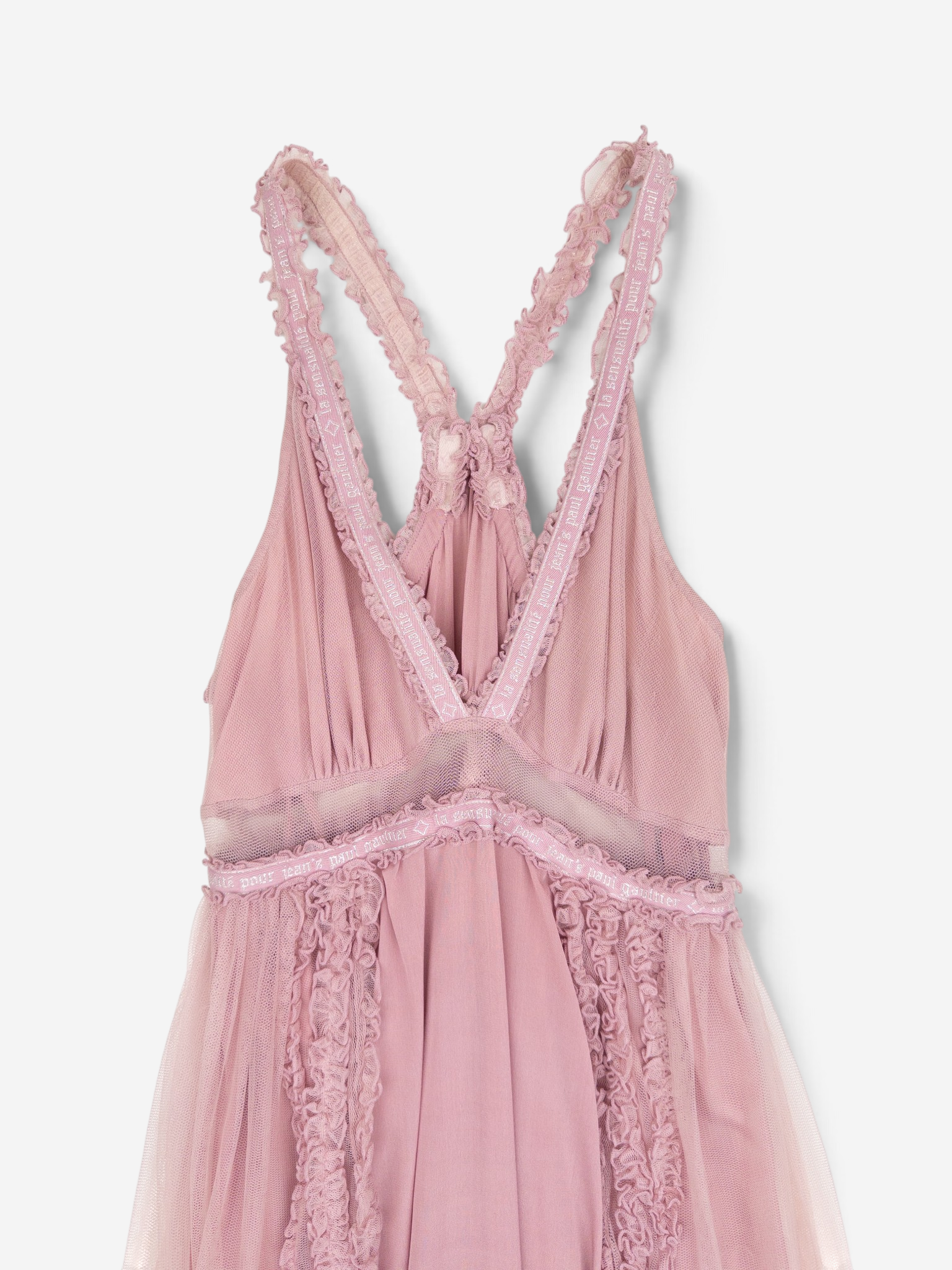 Jean Paul Gaultier 2000s Summer Chiffon Tulle Lace Ruffle Doll Midi Dress – back strap detail