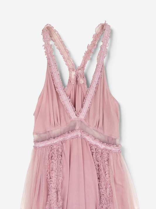 Jean Paul Gaultier 2000s Summer Chiffon Tulle Lace Ruffle Doll Midi Dress – back strap detail