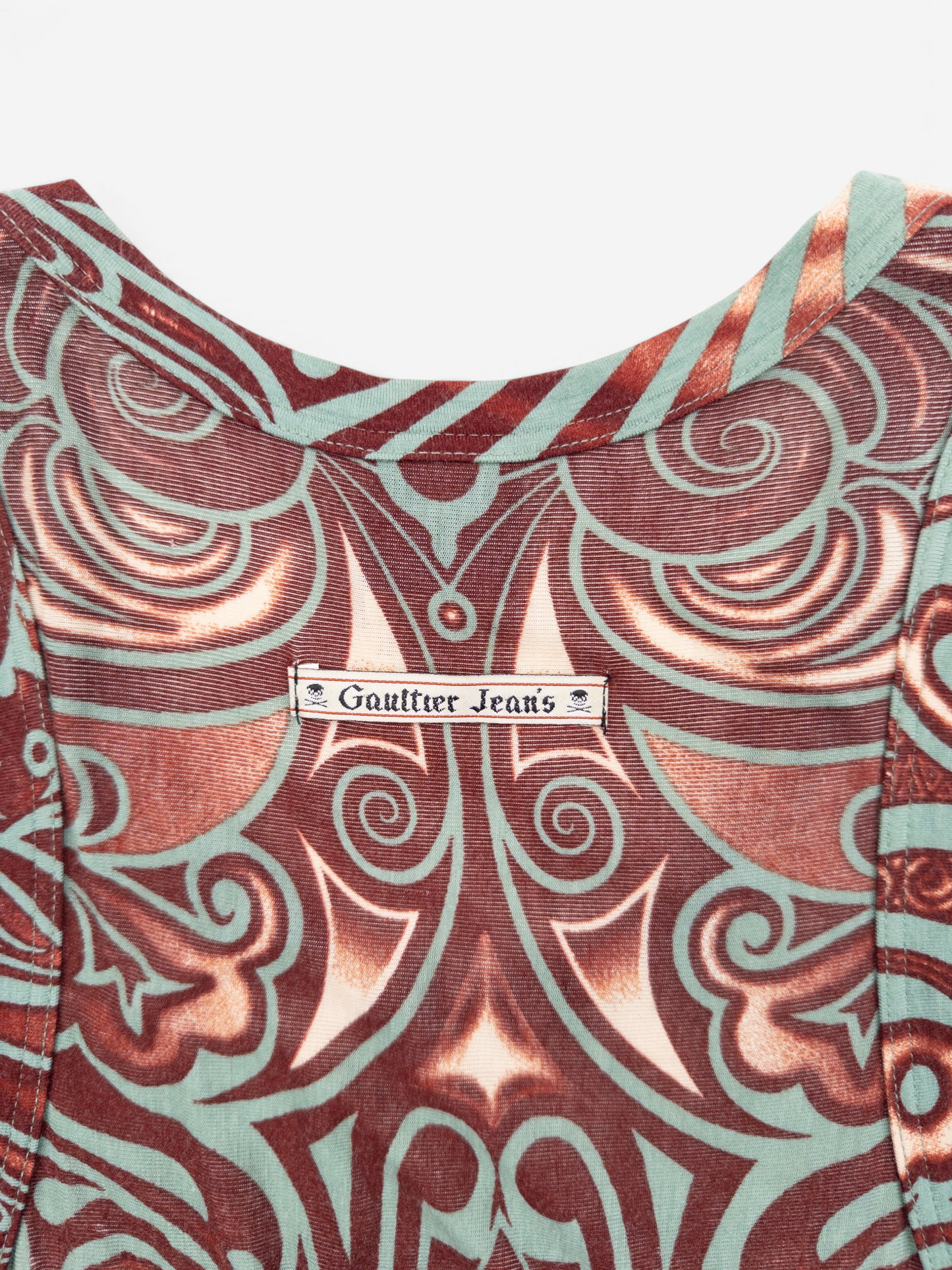 Jean Paul Gaultier SS96 Cyberbaba Maori Tribal-Tattoo Maxi Dress – neckline and brand label