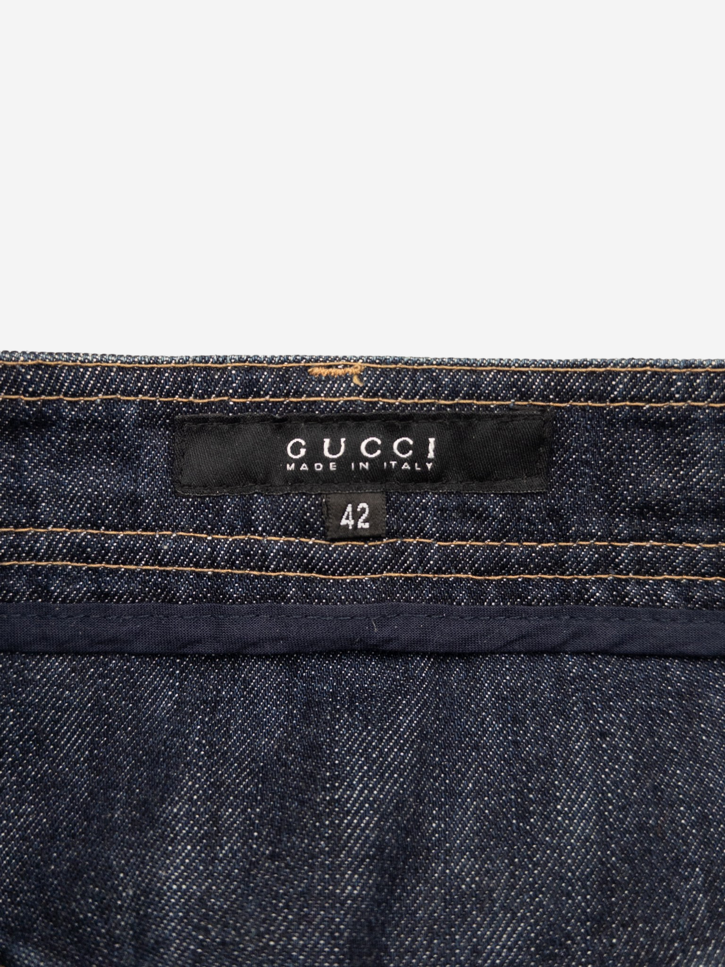 Gucci by Tom Ford SS04 Pleated Denim Midi-Skirt – brand and size label